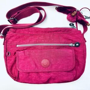 Kipling Fuchsia Crossbody Bag with Monkey Charm Adjustable Strap 12” x 8”